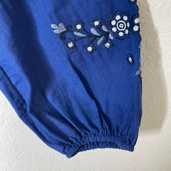 Free People Women Embroidered Floral Puff Sleeve Sz XS Blue Linen Button Peasant - Picture 4 of 8